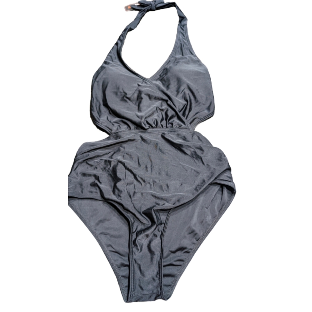Cutout Tie Back One Piece Swimsuit Halter Solid Black Women's Size M Surplice